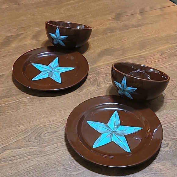 Hi End Accents plates/bowl set brown turquoise star - Picture 1 of 16